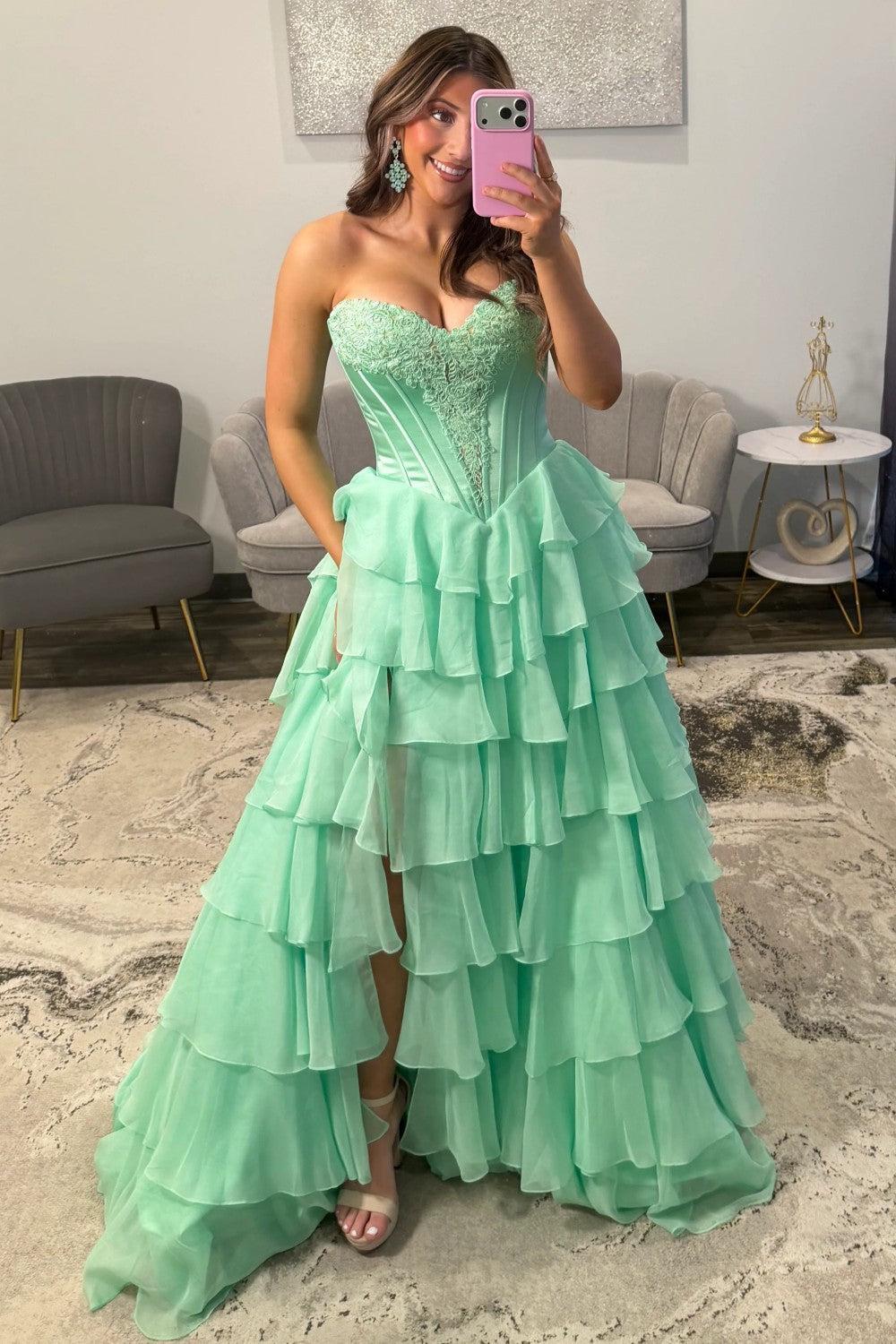 Suzhoufashion Emerald Green Sweetheart Corset Prom Dress With Tiered Ruffles And High Slit Formal Evening Gown