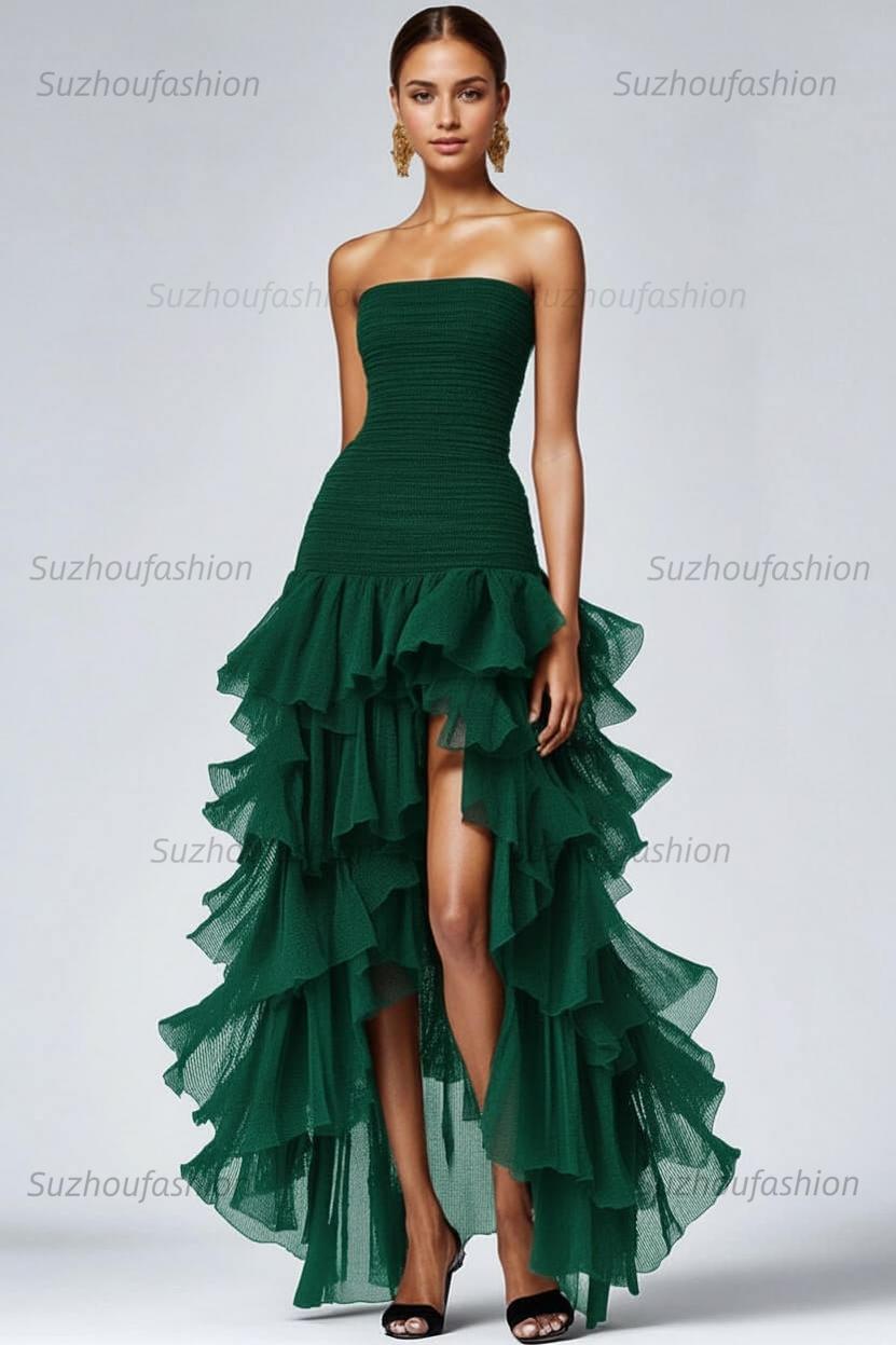 Black Wedding Guest Dress Strapless Tulle Long Ruffled Formal Dress With Slit