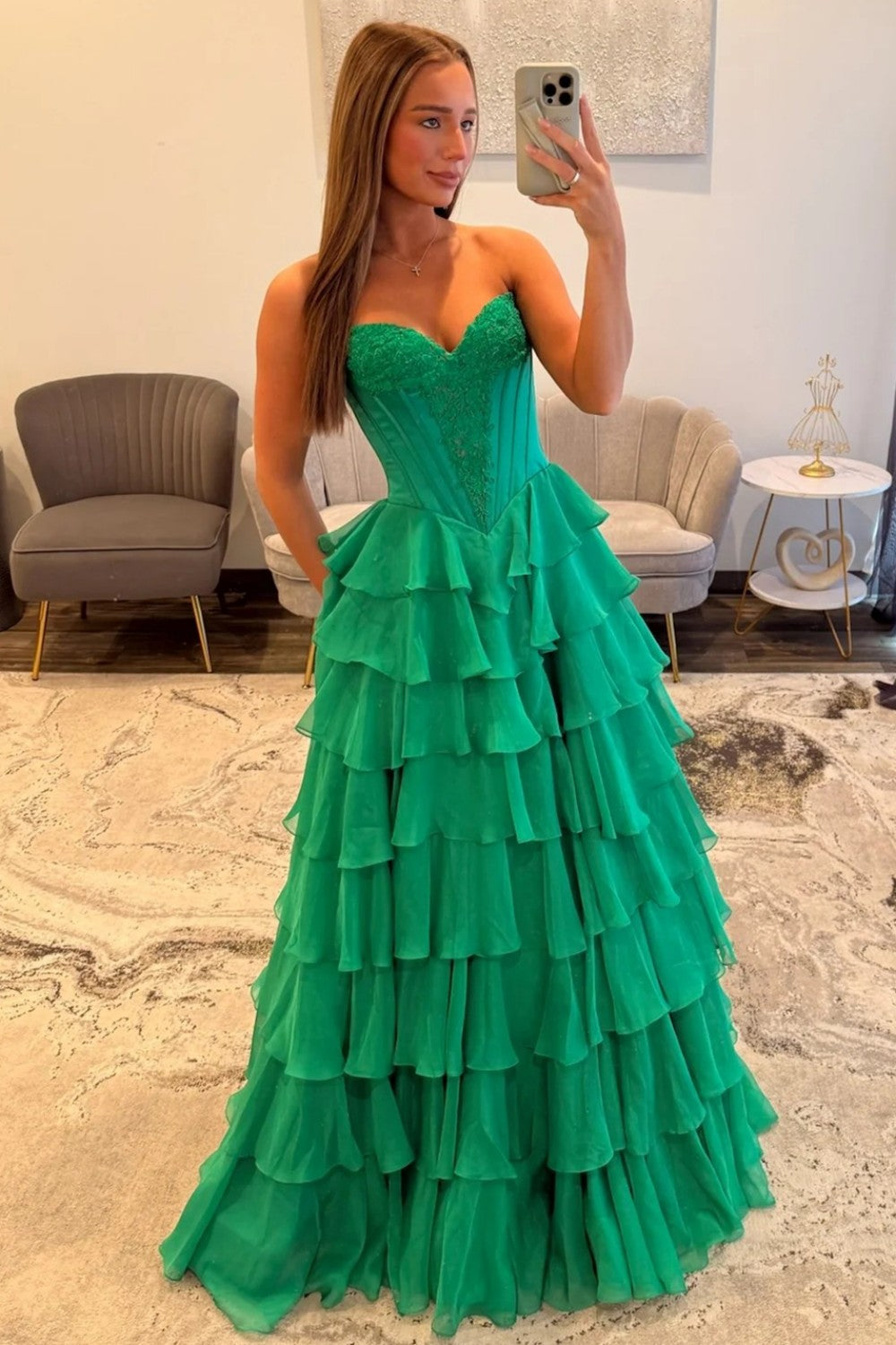 Princess A Line Sweetheart Green Corset Prom Dress with Appliques Ruffles - View 4 | VelvetHem