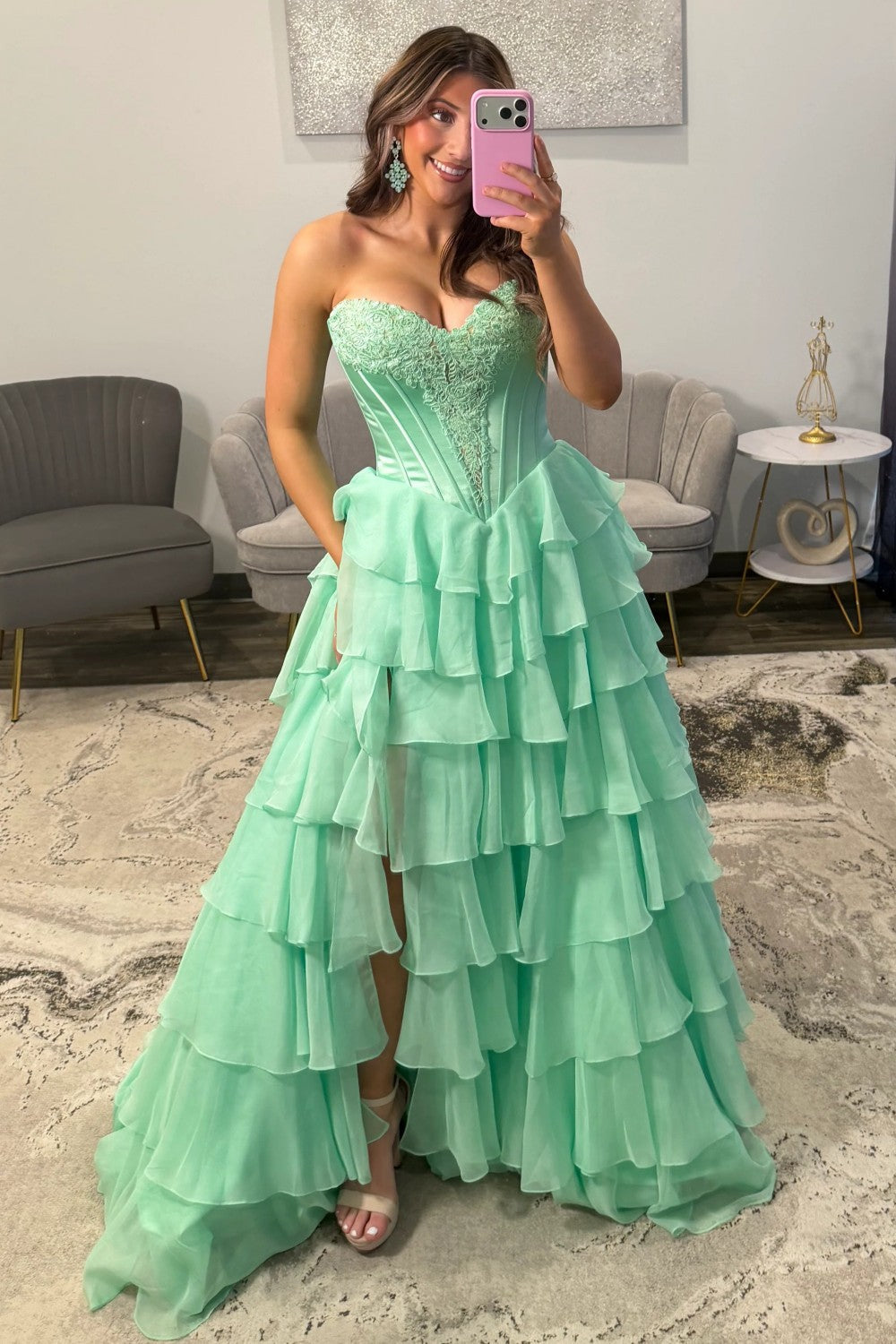 Princess A Line Sweetheart Green Corset Prom Dress with Appliques Ruffles - View 7 | VelvetHem