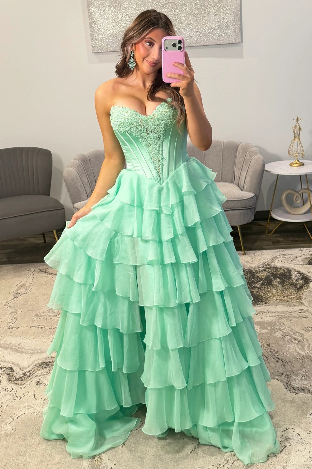 Princess A Line Sweetheart Green Corset Prom Dress with Appliques Ruffles - View 9 | VelvetHem