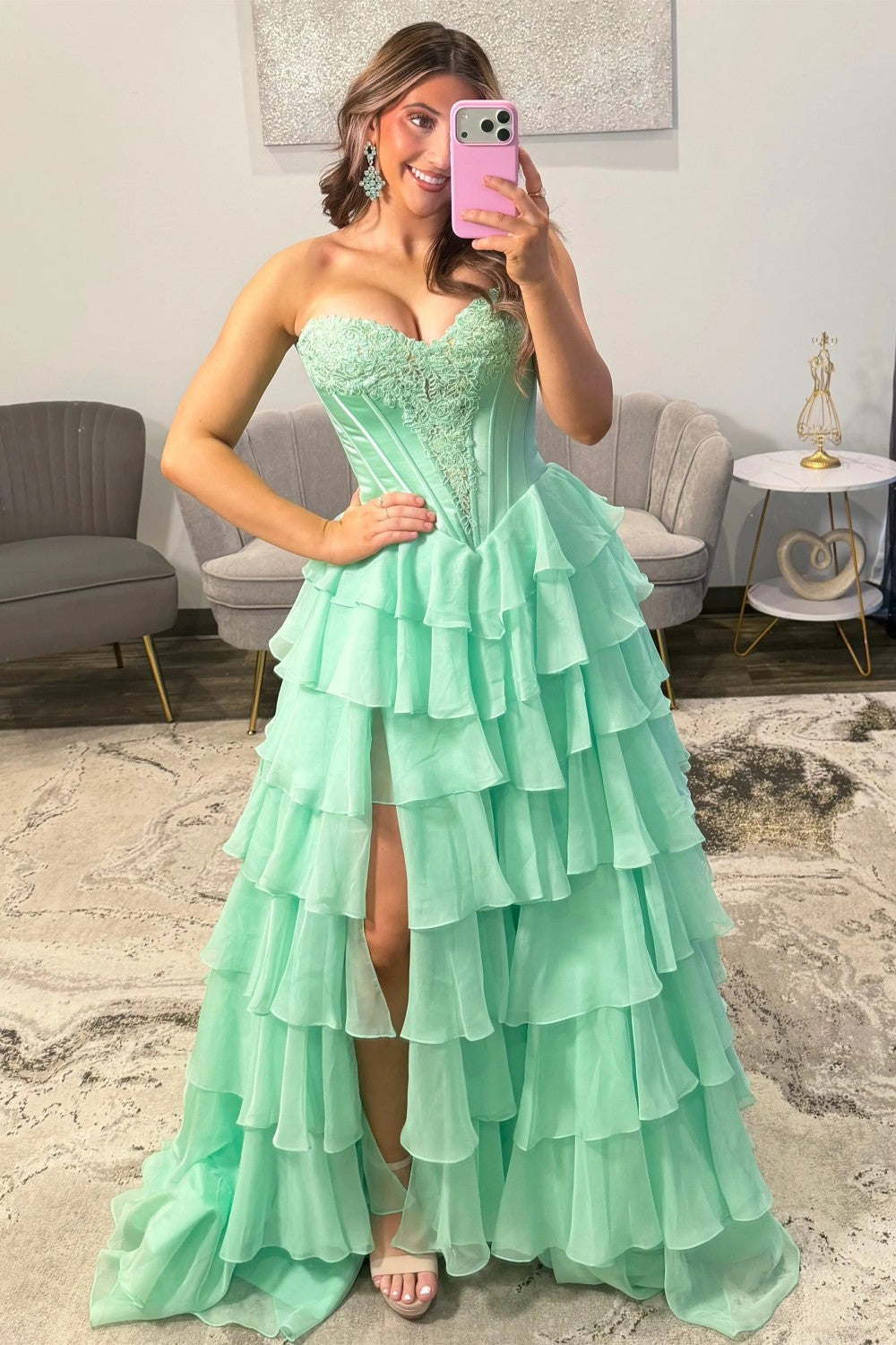 Princess A Line Sweetheart Green Corset Prom Dress with Appliques Ruffles - View 5 | VelvetHem