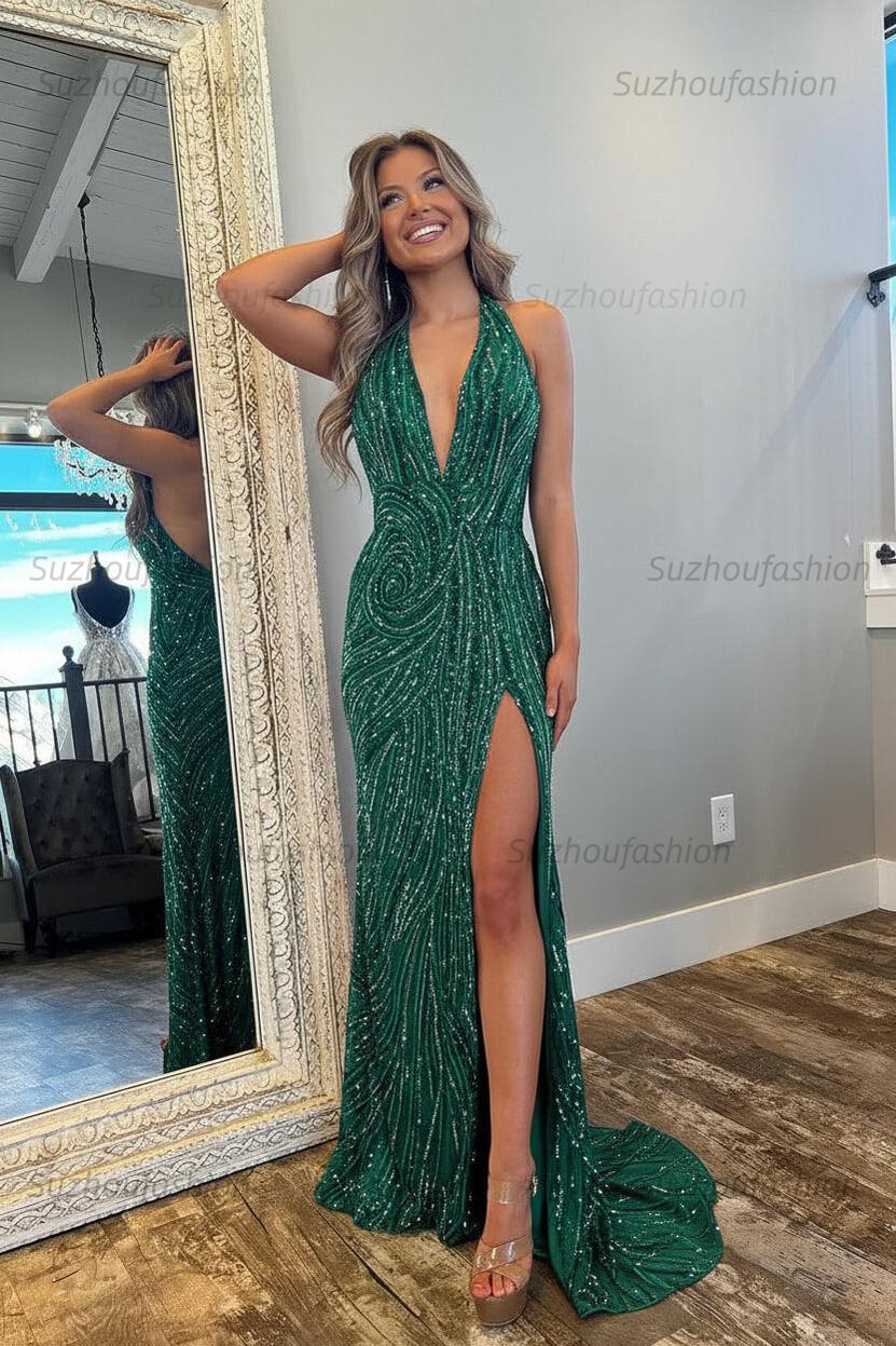 Halter Prom Dress Pink and Orange Mermaid Evening Dress with Slit
