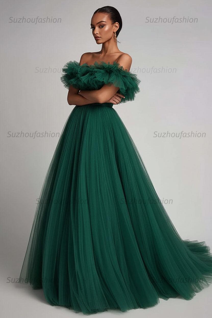 Dusty Sage Prom Dress Tulle A Line Long Formal Dress With Ruffles