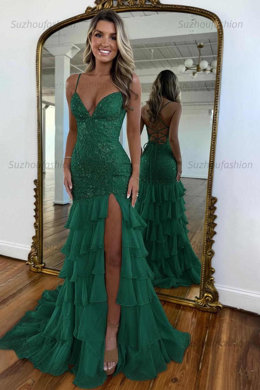 Suzhoufashion Mermaid Spaghetti Straps Lace Up Long Prom Dress With Ruffle Skirt Formal Evening Gown