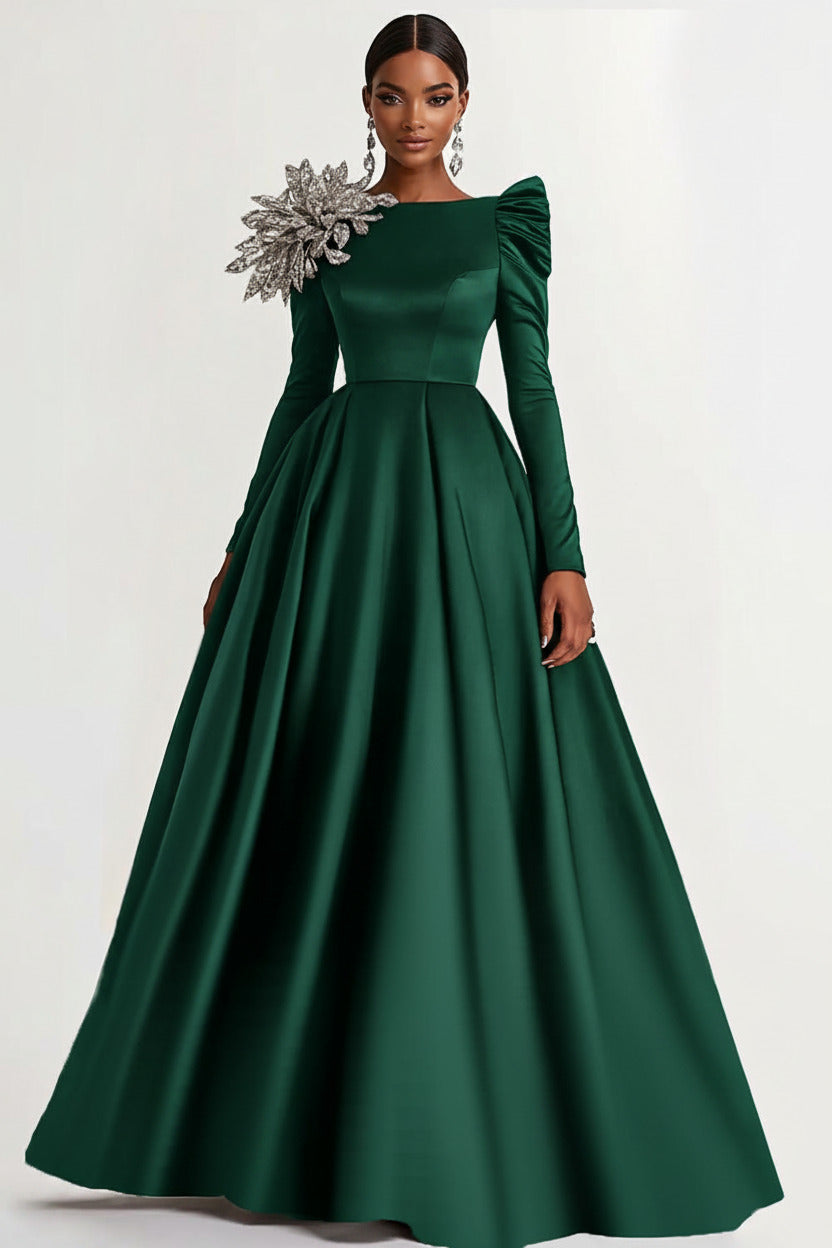 A-Line Long Black Wedding Guest Dress Satin Boat Neck Formal Dress With Long Sleeves