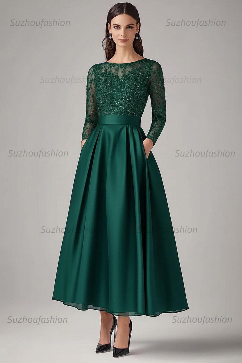 Navy Wedding Guest Dress Beaded A Line Long Sleeves Formal Dress With Lace