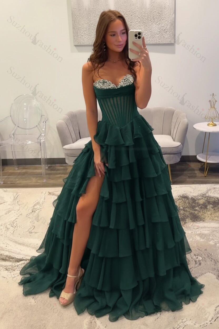 Ruffled Black Prom Dress A Line Corset Long Formal Dress With Beadings