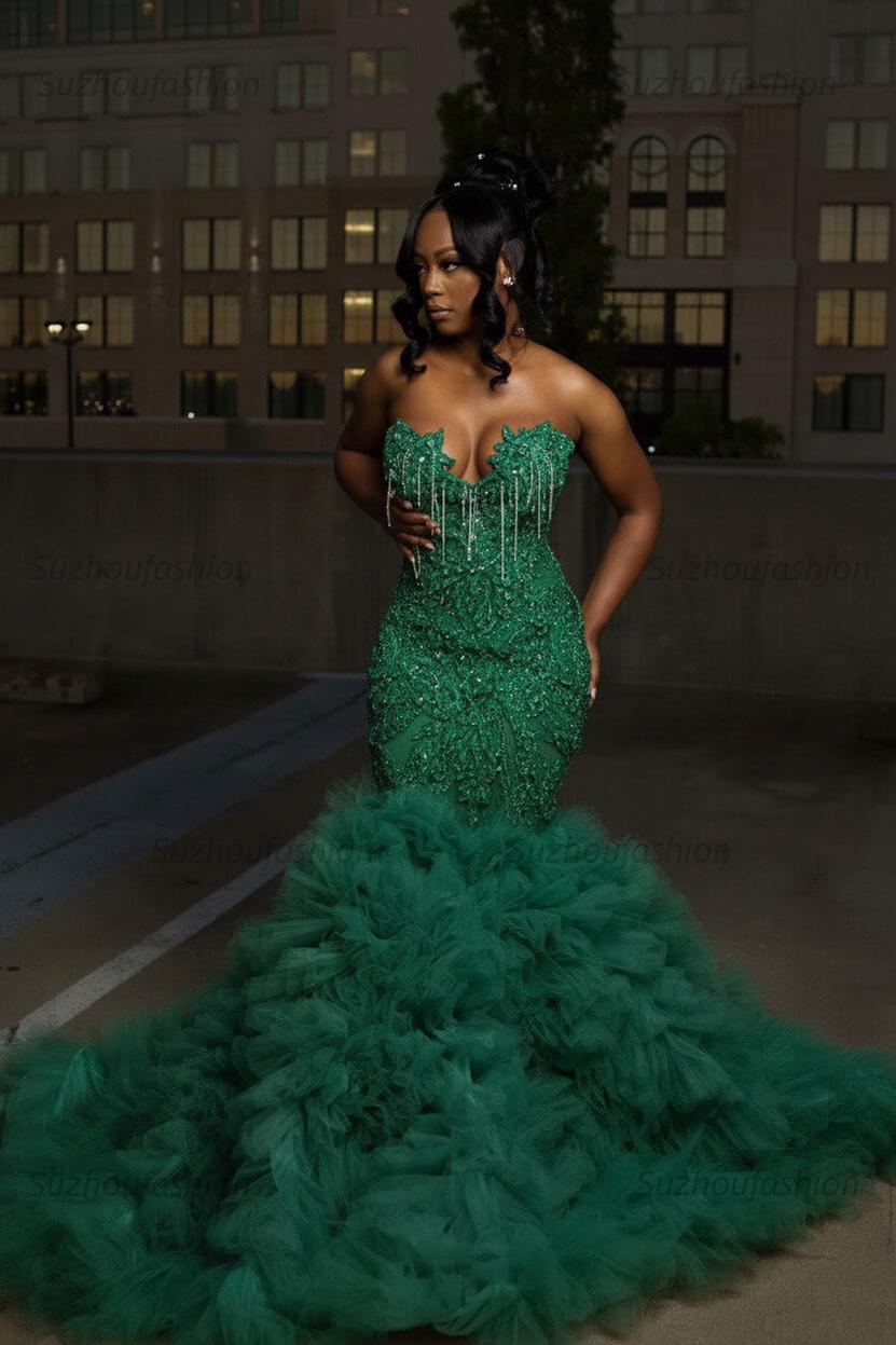 Mermaid Sweetheart Prom Dress Ruffled Sleeveless Formal Evening Gown with Rhinestones and Beadings