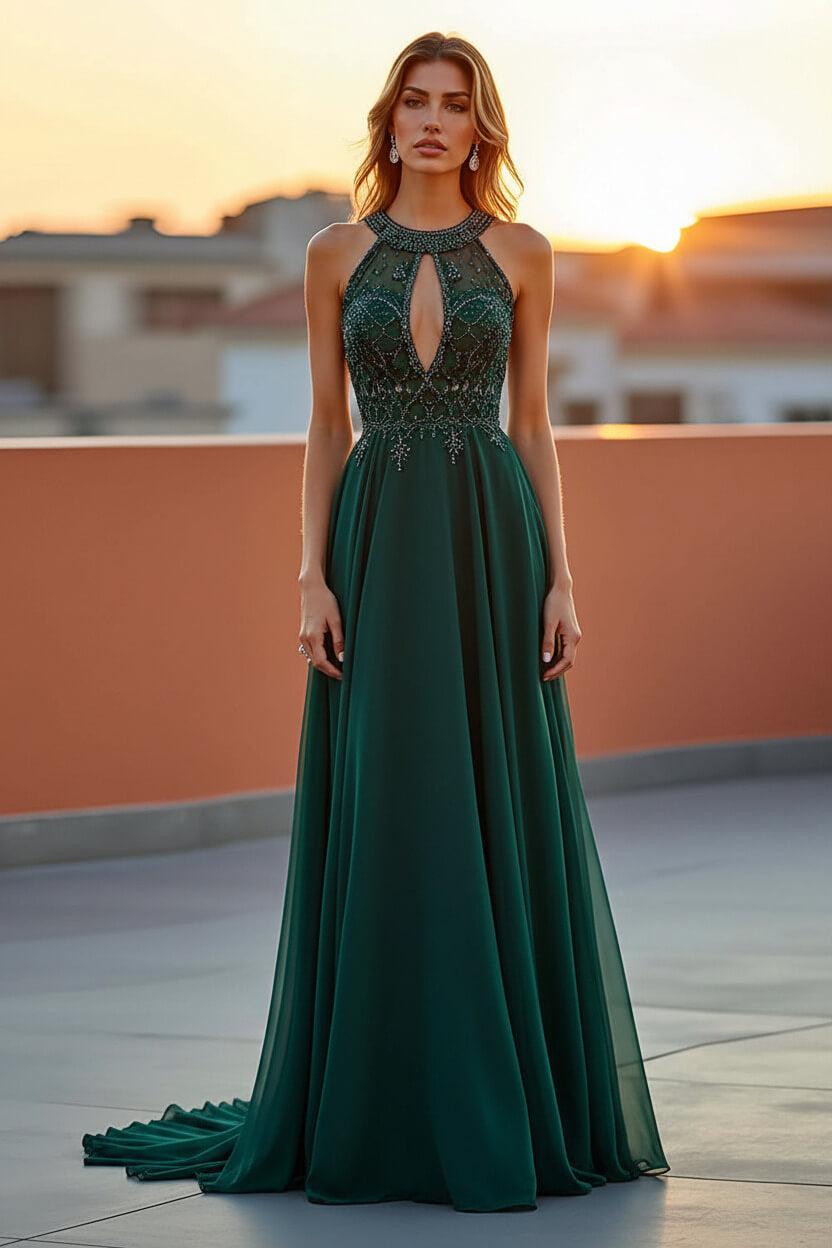 Beaded Navy Wedding Guest Dress Halter Long Formal Dress With Embroideries