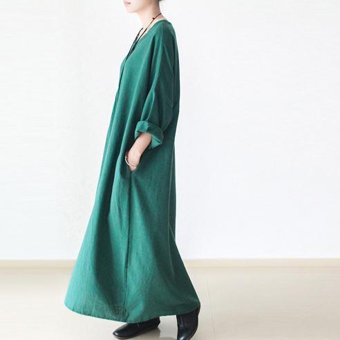 Emerald green plus size linen dresses long sleeve cotton dress