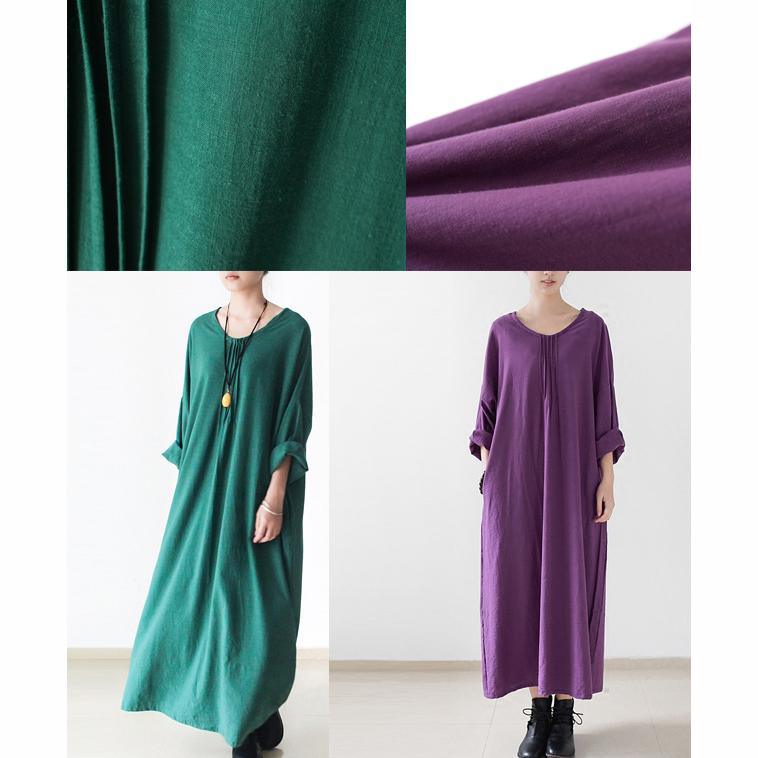 Emerald green plus size linen dresses long sleeve cotton dress