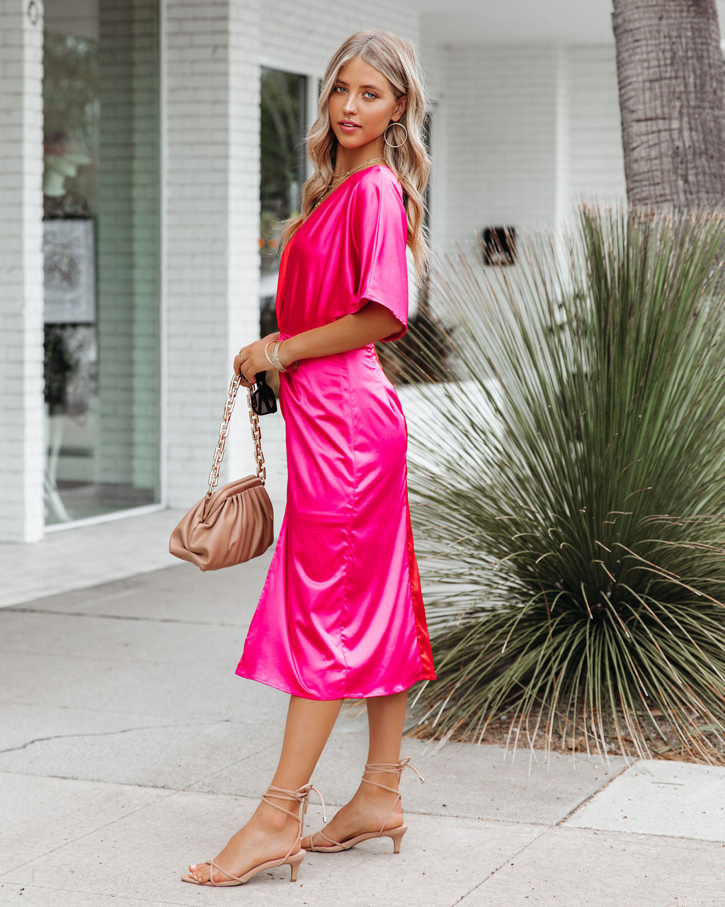 Essex Satin Colorblock Twist Midi Dress Red Pink FINAL
