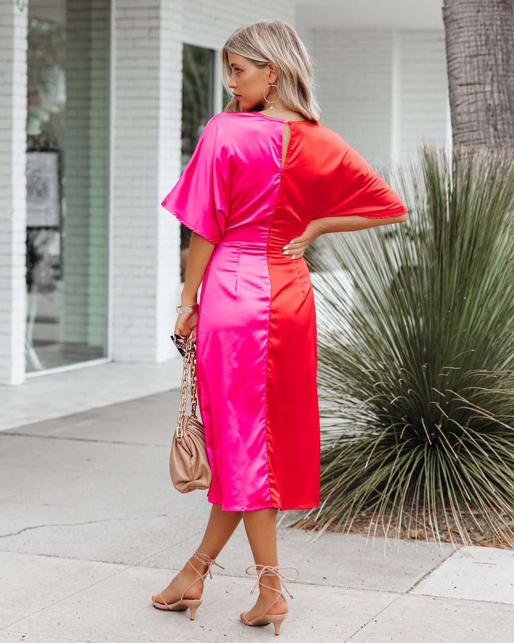 Essex Satin Colorblock Twist Midi Dress Red Pink FINAL