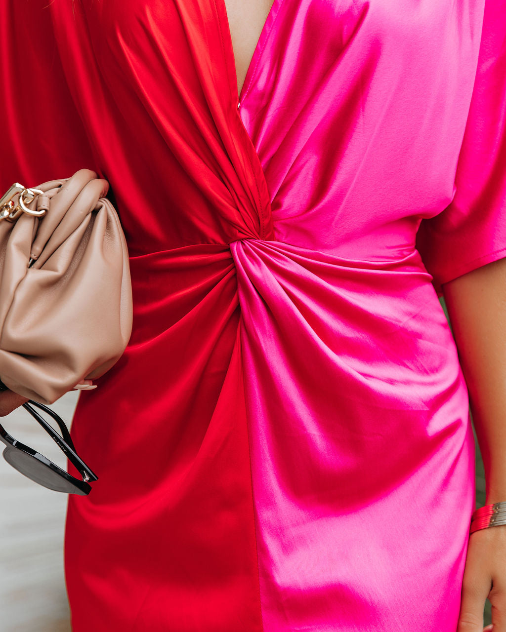 Essex Satin Colorblock Twist Midi Dress Red Pink FINAL