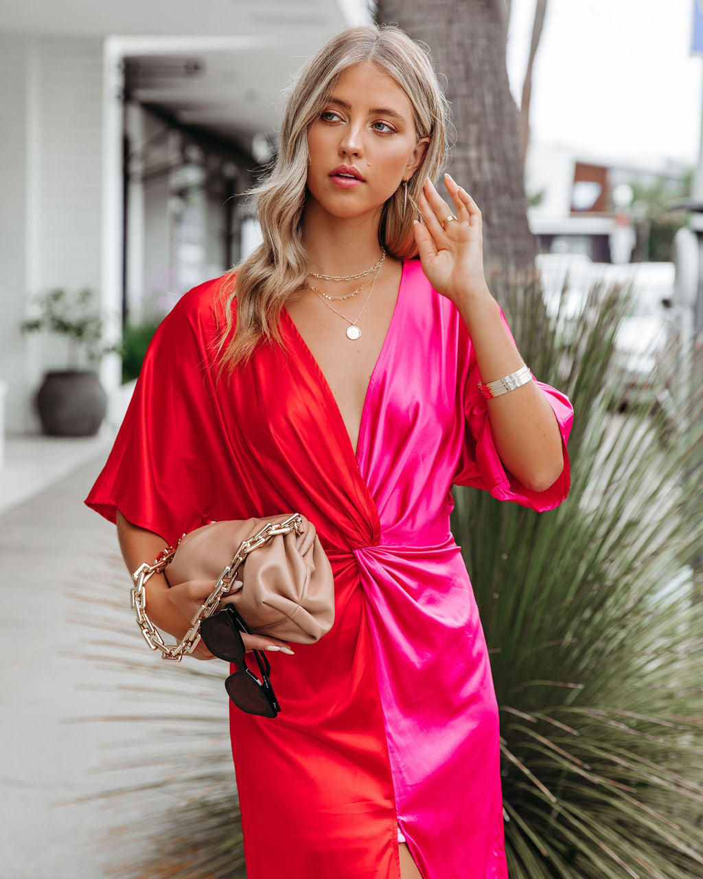 Essex Satin Colorblock Twist Midi Dress Red Pink FINAL