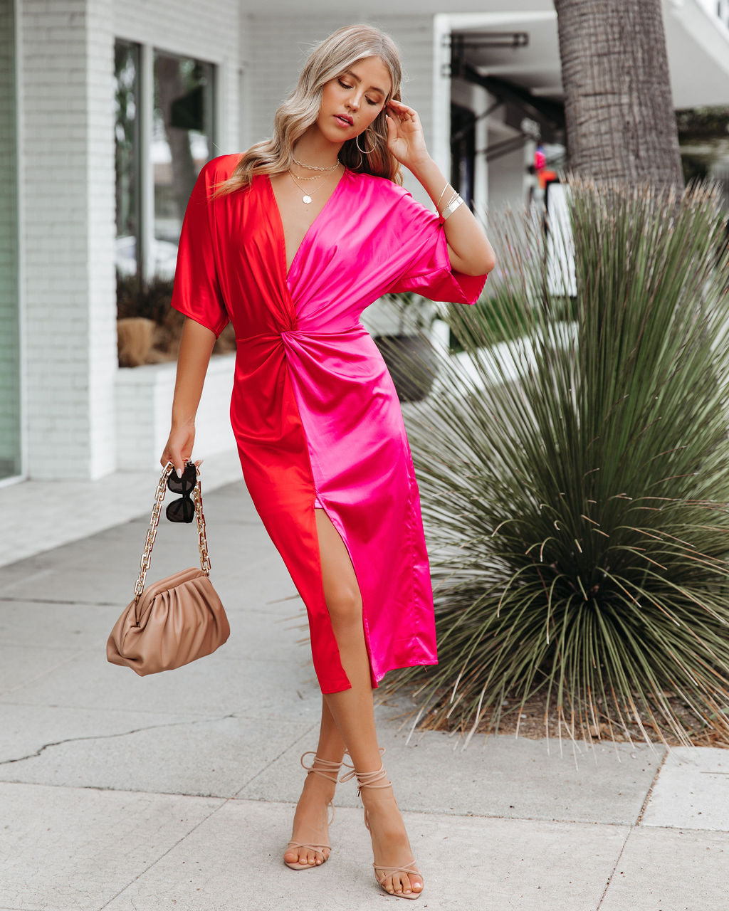 Essex Satin Colorblock Twist Midi Dress Red Pink FINAL