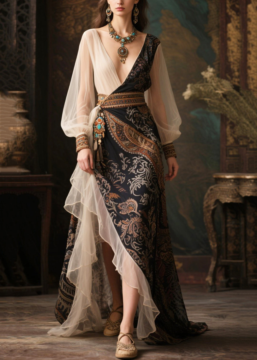 Ethnic Style Black Exra Large Hem Patchwork Chiffon Long Dress Summer
