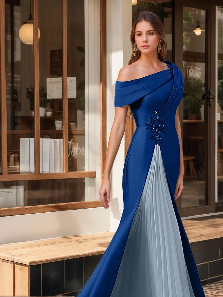 Evening Dress with Ruffles & Appliques in Trumpet Mermaid Style and Short One Shoulder Sleeves