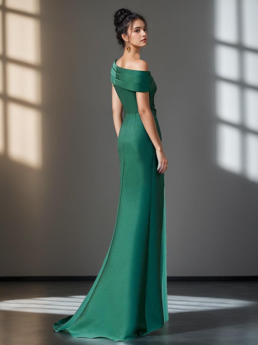 Evening Dress with Ruffles & Appliques in Trumpet Mermaid Style and Short One Shoulder Sleeves