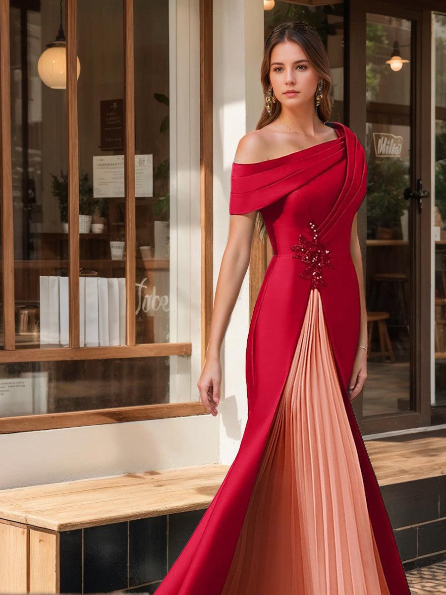 Evening Dress with Ruffles & Appliques in Trumpet Mermaid Style and Short One Shoulder Sleeves