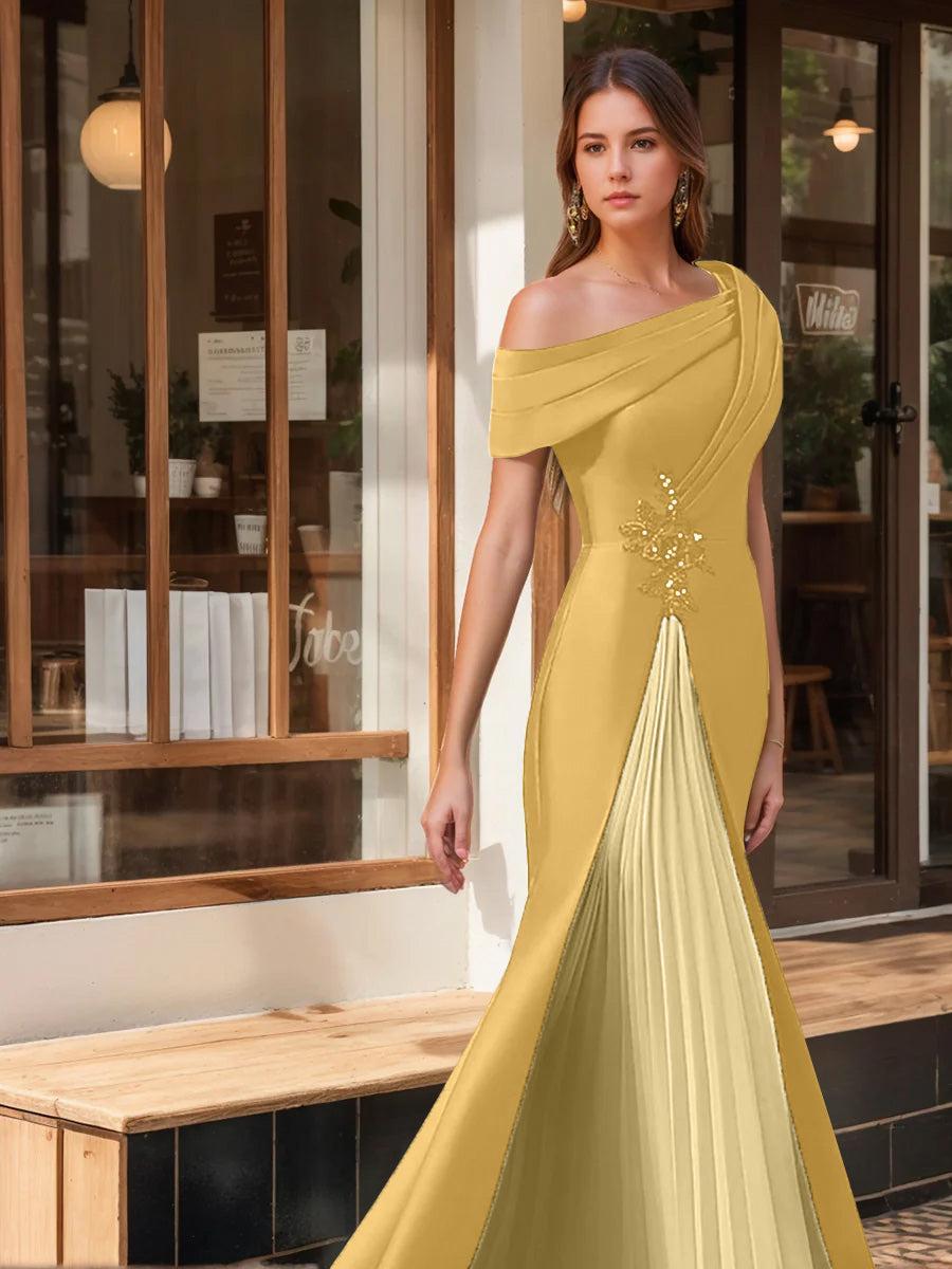 Evening Dress with Ruffles & Appliques in Trumpet Mermaid Style and Short One Shoulder Sleeves