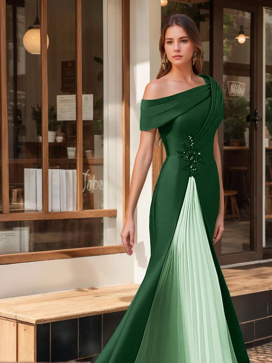Evening Dress with Ruffles & Appliques in Trumpet Mermaid Style and Short One Shoulder Sleeves
