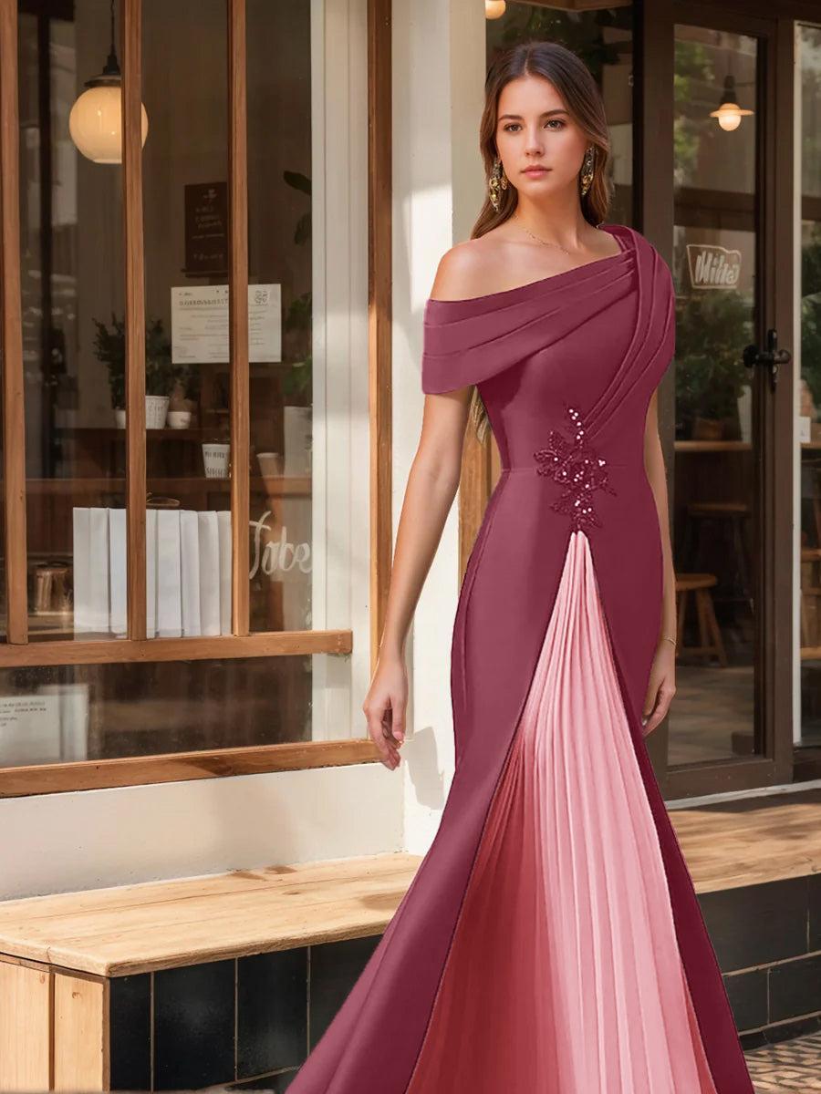 Evening Dress with Ruffles & Appliques in Trumpet Mermaid Style and Short One Shoulder Sleeves