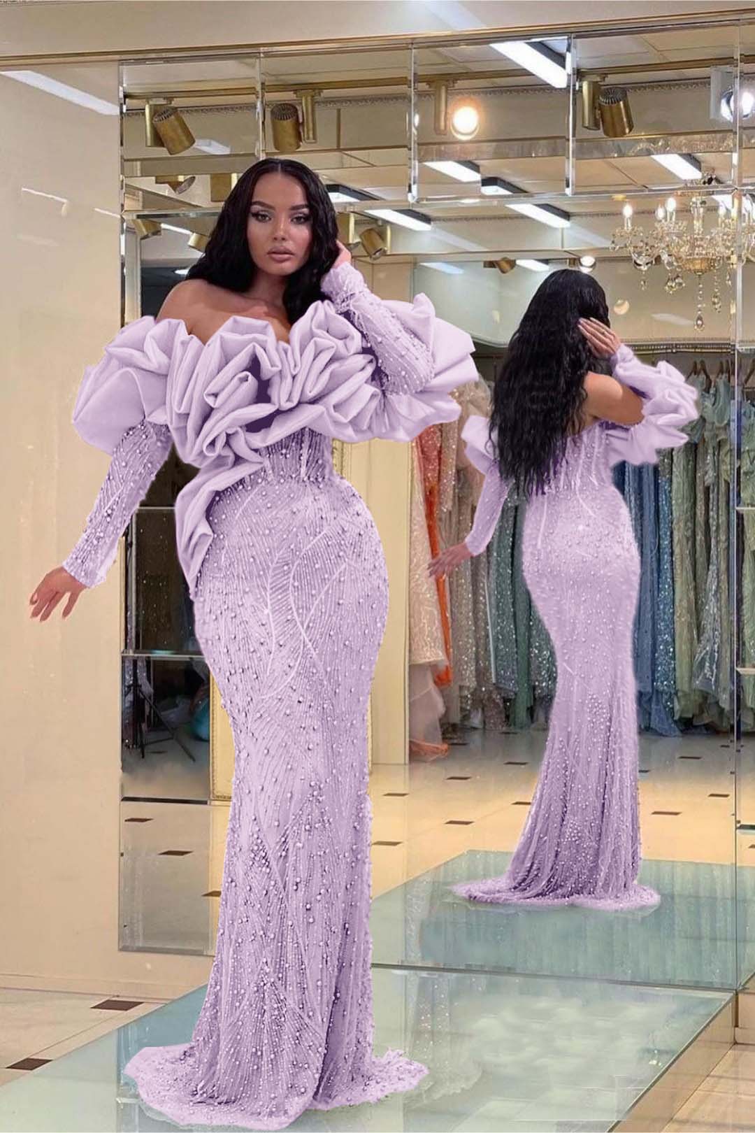 Evening Formal Dress Purple Prom Dress Bubble Sleeves Long Strapless Sequined Beading