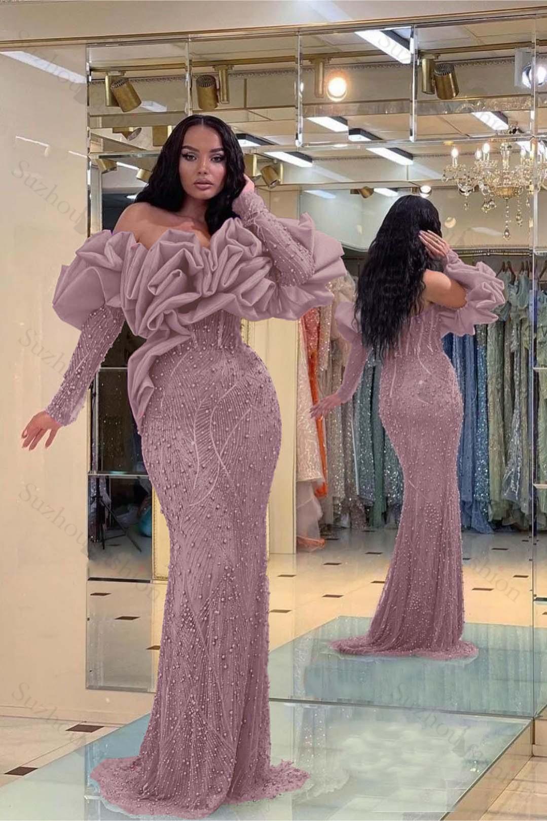 Evening Formal Dress Purple Prom Dress Bubble Sleeves Long Strapless Sequined Beading