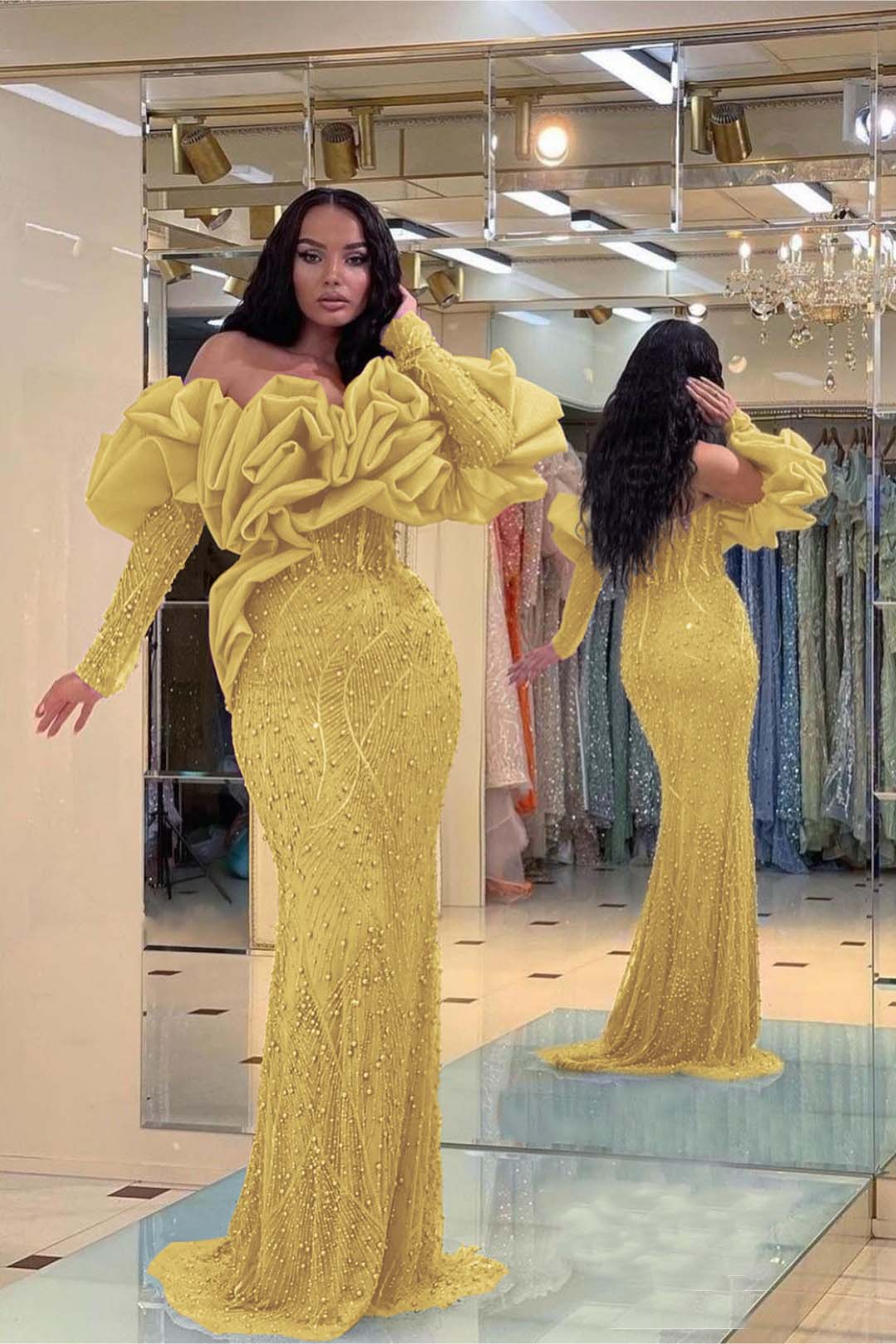 Evening Formal Dress Purple Prom Dress Bubble Sleeves Long Strapless Sequined Beading