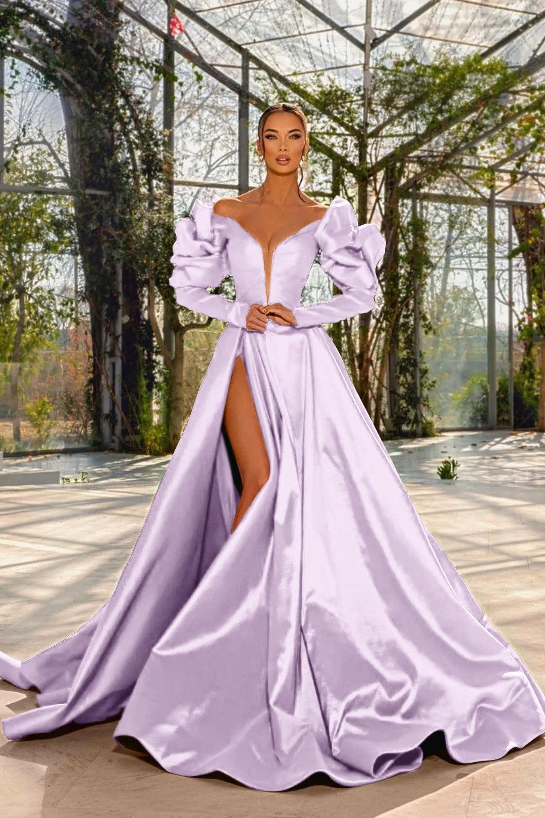 Evening Formal Dress Red Prom Dress V Neck Bubble Long Sleeves With High Split