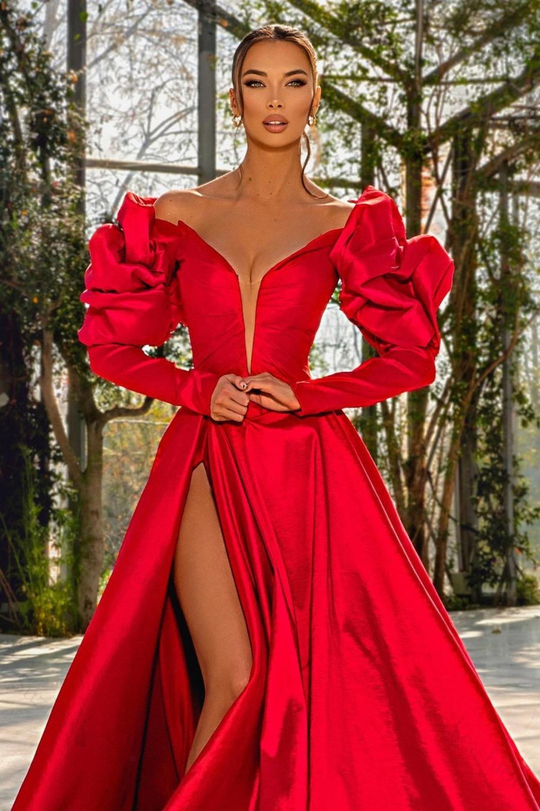 Evening Formal Dress Red Prom Dress V Neck Bubble Long Sleeves With High Split
