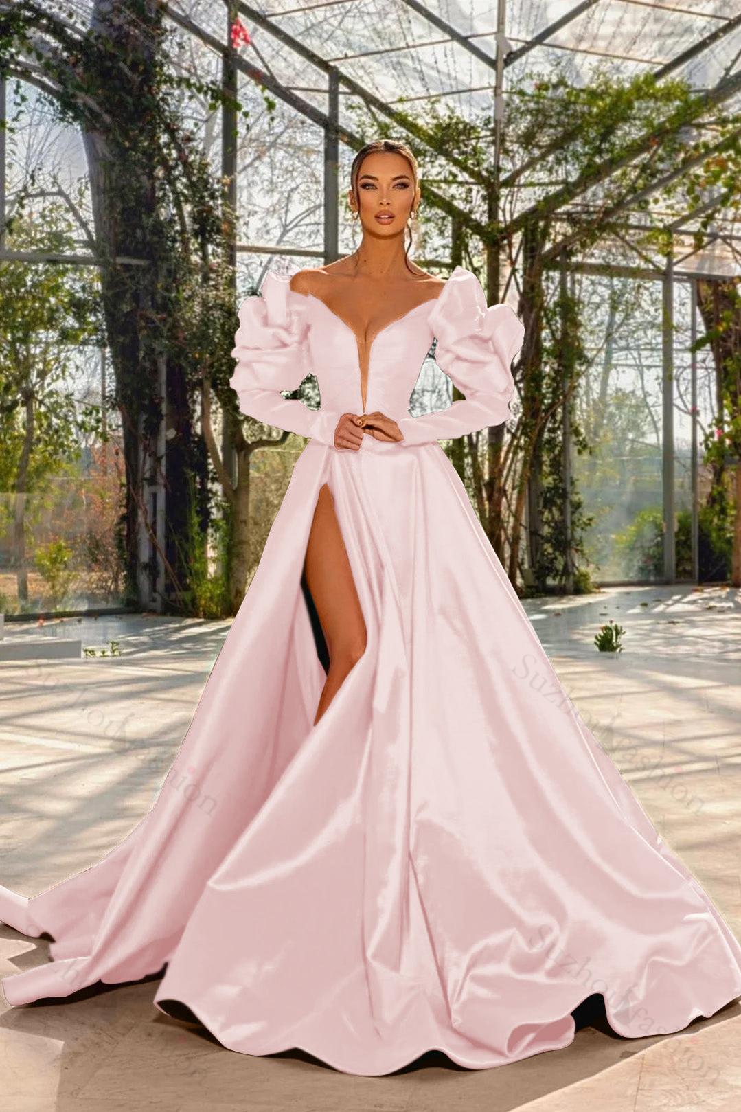 Evening Formal Dress Red Prom Dress V Neck Bubble Long Sleeves With High Split
