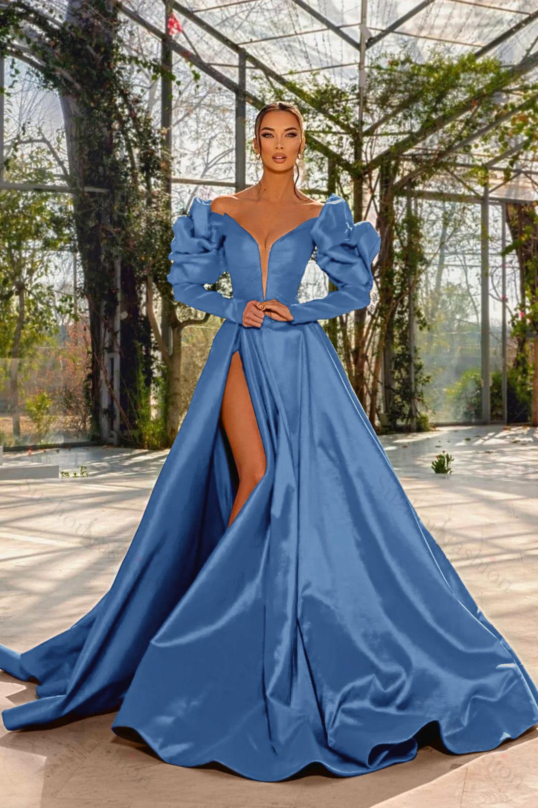 Evening Formal Dress Red Prom Dress V Neck Bubble Long Sleeves With High Split