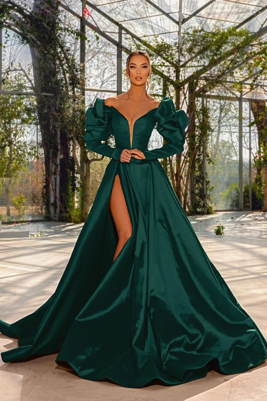 Evening Formal Dress Red Prom Dress V Neck Bubble Long Sleeves With High Split