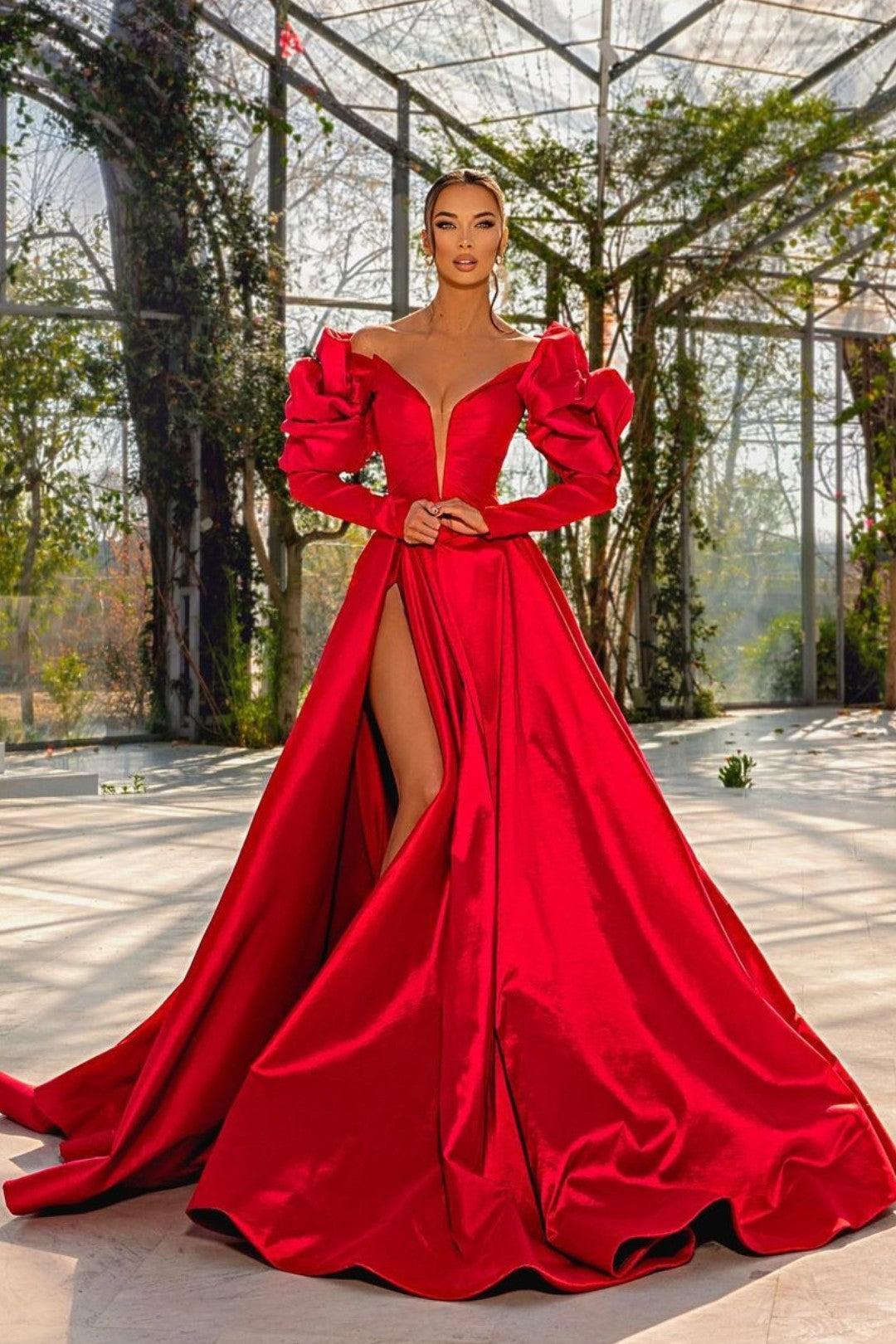 Evening Formal Dress Red Prom Dress V Neck Bubble Long Sleeves With High Split