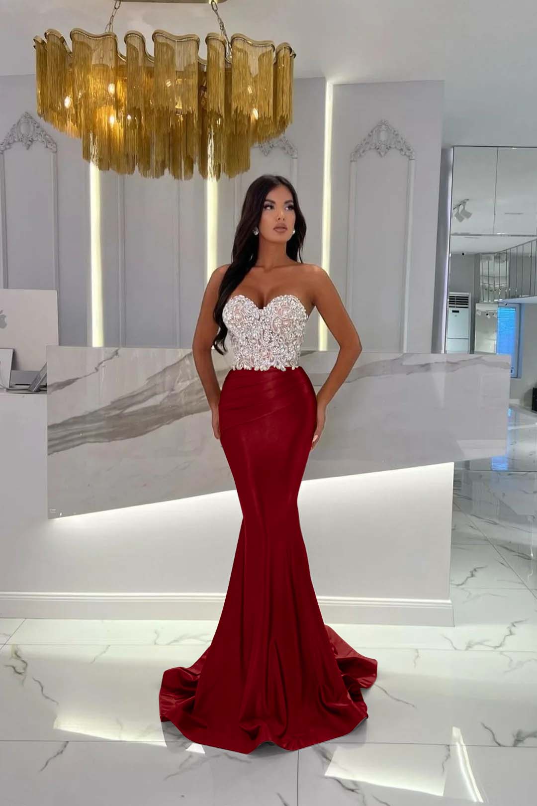 Evening Formal Dress Satin Gold Prom Dress Sweetheart Sleeveless Strapless With Rhinstone Mermaid