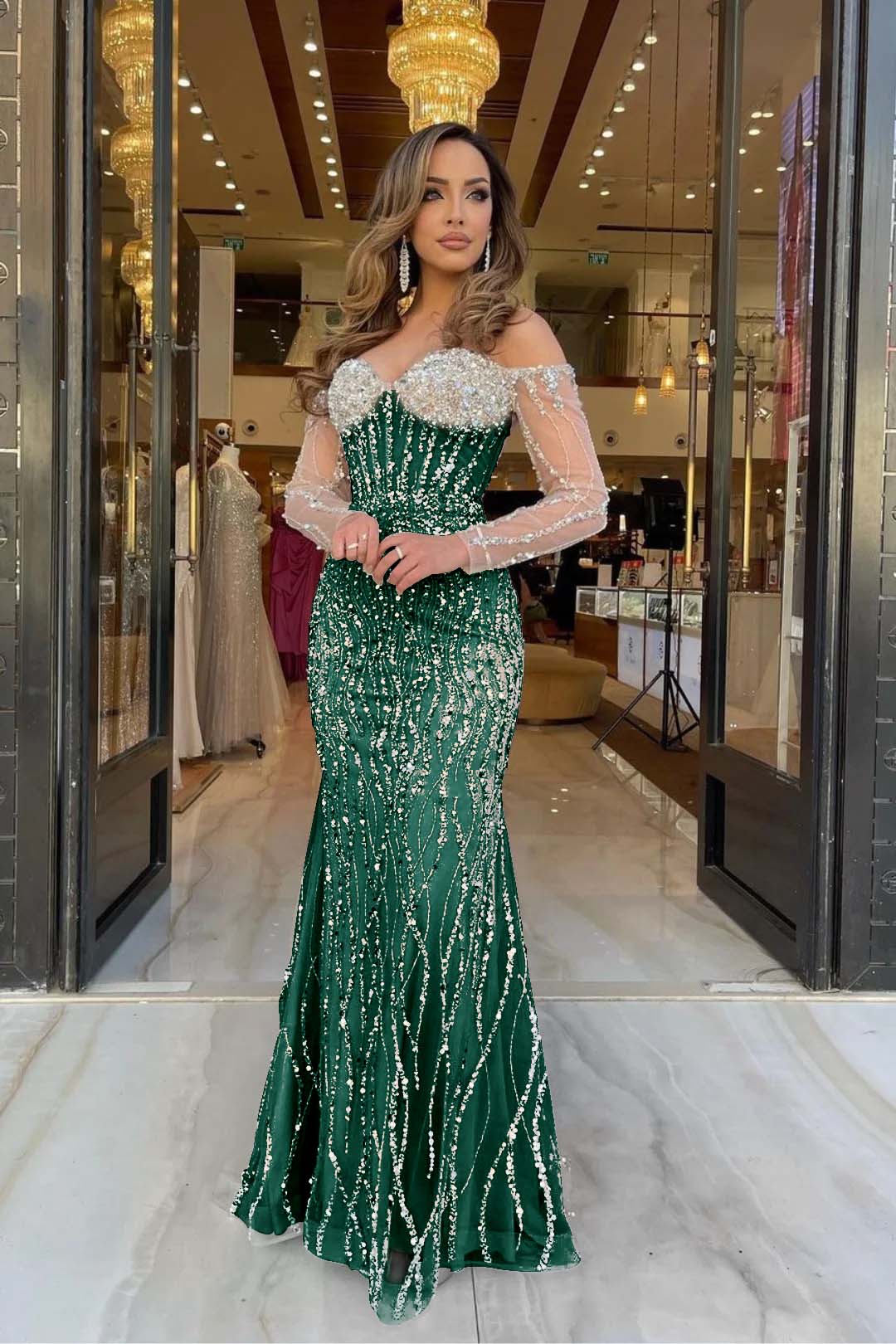 Evening Formal Dress Sweetheart Long Sleeves Strapless Beading Long Tulle