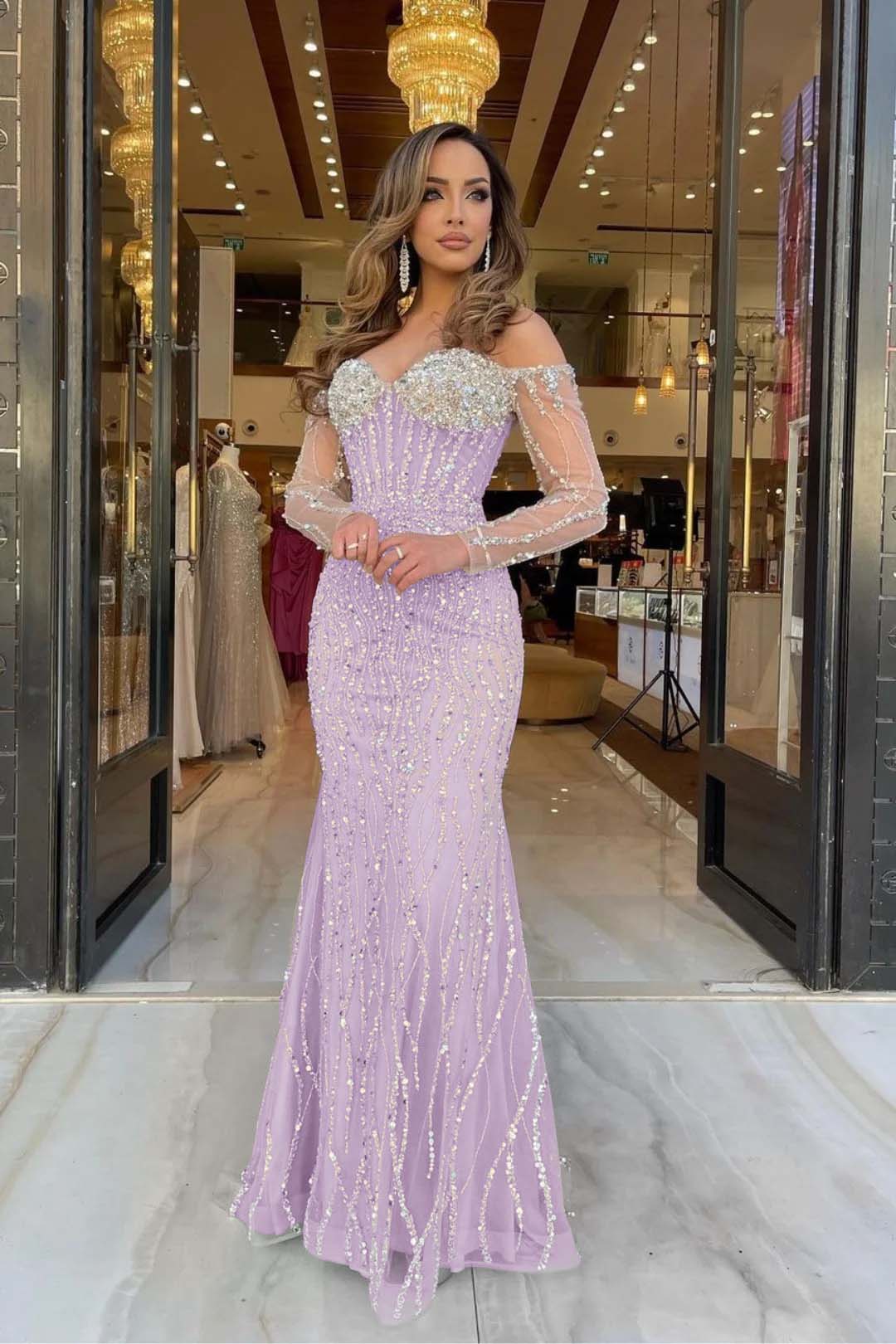 Evening Formal Dress Sweetheart Long Sleeves Strapless Beading Long Tulle