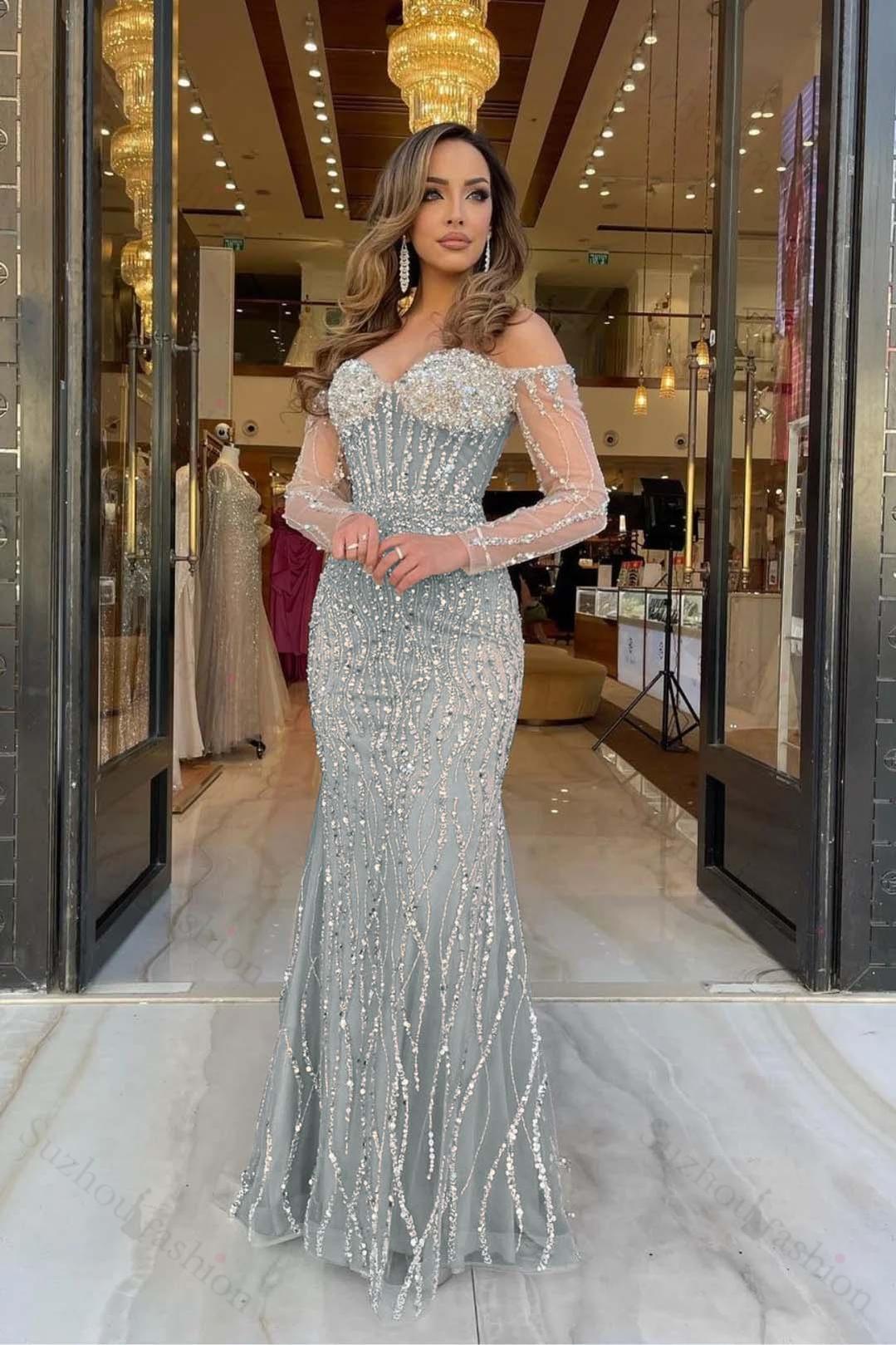 Evening Formal Dress Sweetheart Long Sleeves Strapless Beading Long Tulle