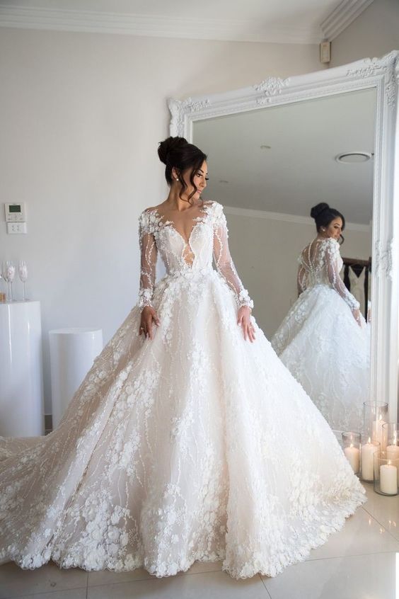 Exquisite Appliques Sheer Tulle Bridal Gowns | Long Sleeve A-line Wedding Dresses