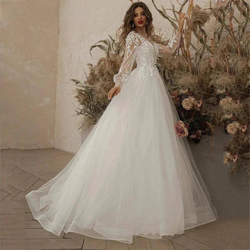 Exquisite Ivory Wedding Dresses Long Sleeve Appliques Lace 3D Flowers Modern Tulle Boho Bride Gown vestidos de novia Beach (ZD13345)