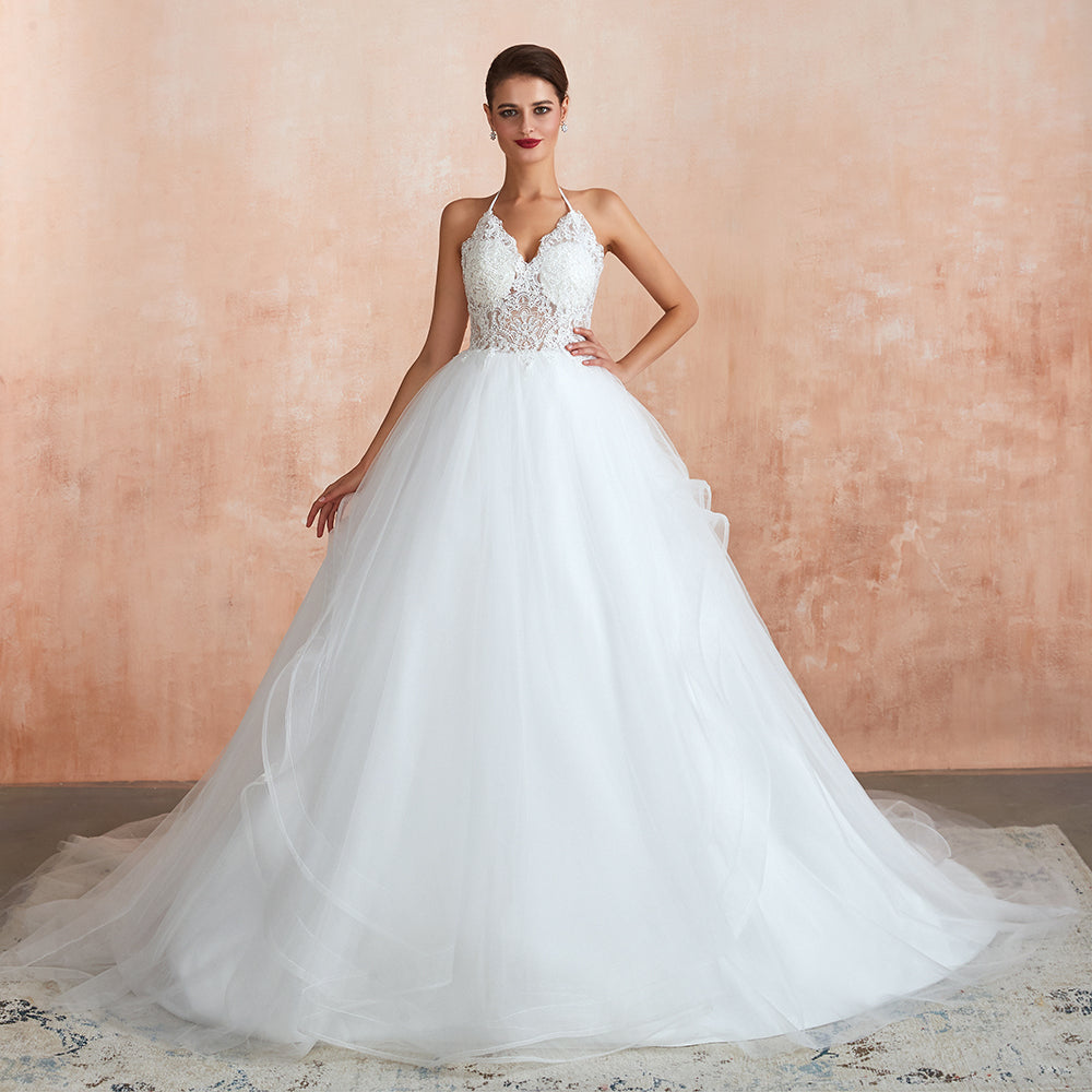 Exquisite Lace Halter Ball Gown White Wedding Dress with Open Back