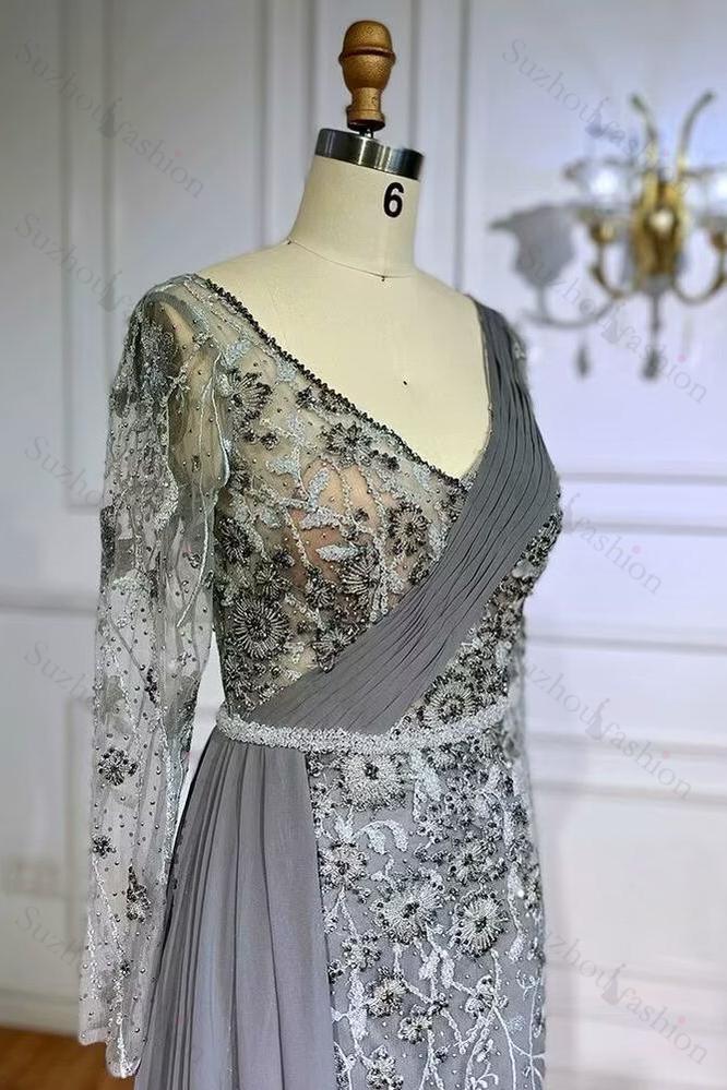 Exquisite V Neck Prom Dress Long Sleeves Appliques Bead Embroidery Evening Formal Dress