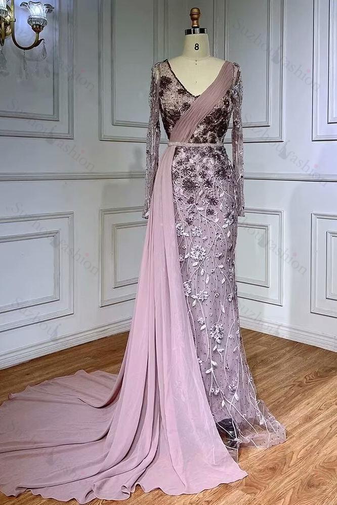 Exquisite V Neck Prom Dress Long Sleeves Appliques Bead Embroidery Evening Formal Dress