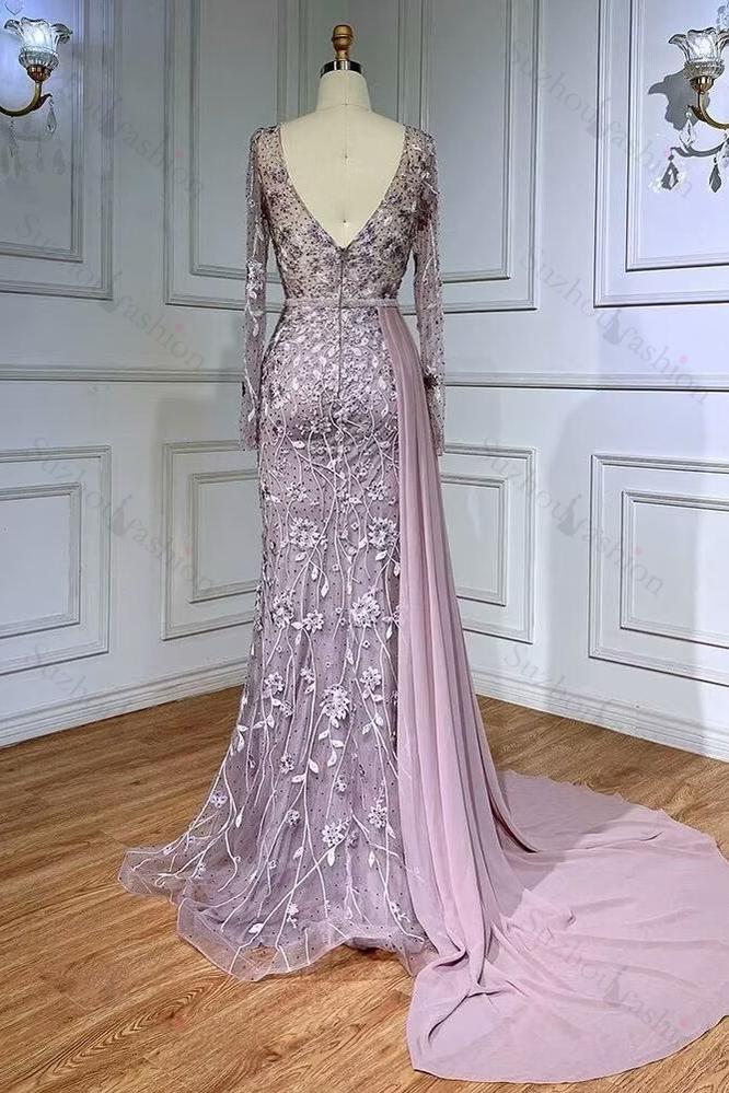 Exquisite V Neck Prom Dress Long Sleeves Appliques Bead Embroidery Evening Formal Dress