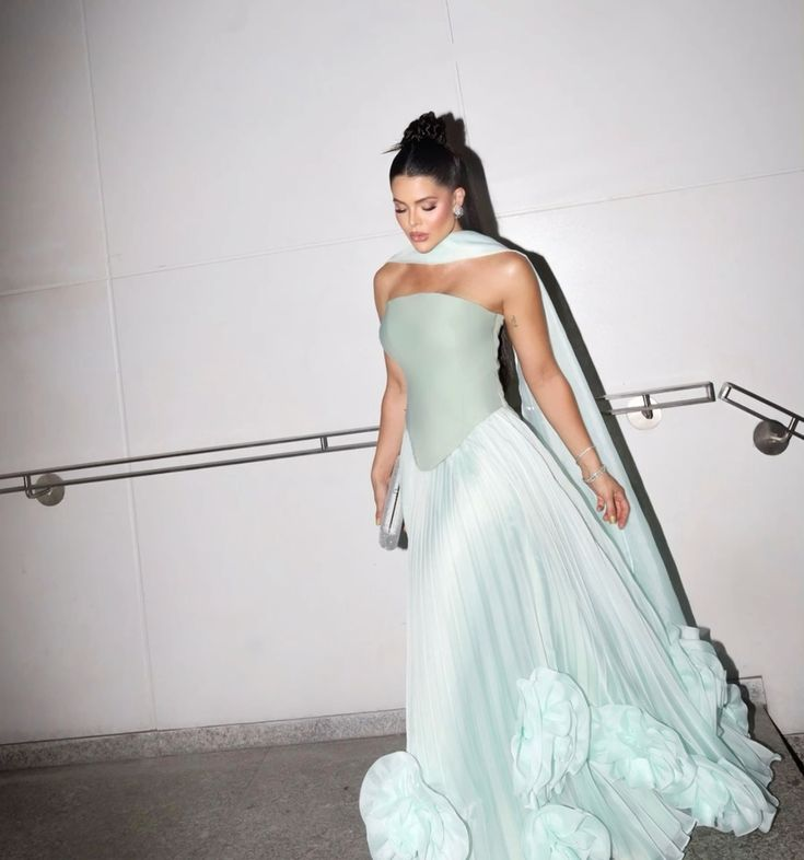 Classy Strapless Light Green Satin Tulle Pleated Long Prom Dress Birthday Party Dress With 3D Flowers - View 2 | VelvetHem