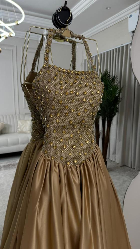 Luxurious Halter Satin Beaded Long Evening Dress Formal Birthday Party Dress - View 7 | VelvetHem