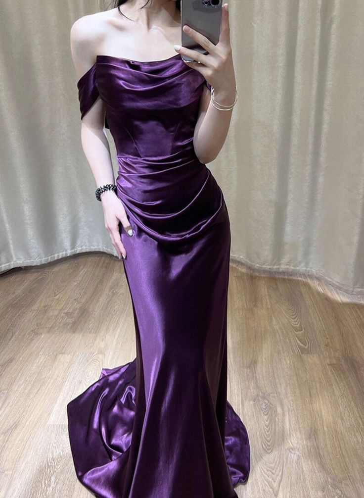 Purple Satin Off Shoulder Long Evening Dress Satin Prom Dress Y7440 - VelvetHem
